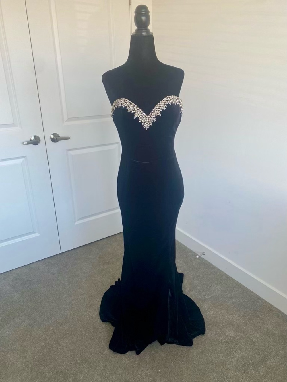 Like New Jovani Black Strapless Velvet Gown with Crystal Embellished Sweetheart
